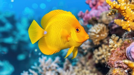 A solitary yellow tang fish swims among coral reefs, its vivid coloration standing out in the tranquil blue waters