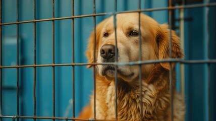 A contemplative golden retriever peers through a fence with hope
