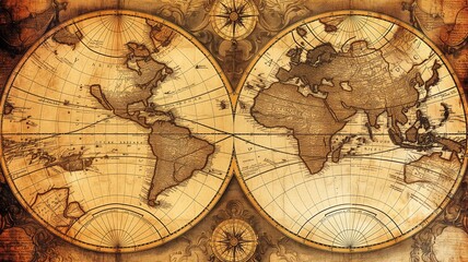 Fototapeta na wymiar An aged world map featuring historic nautical details and artistry
