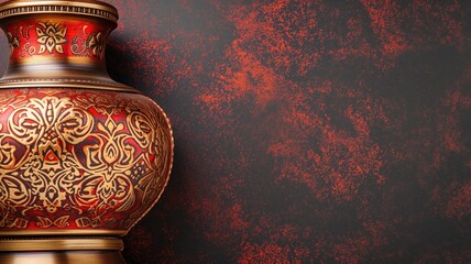An ornate brass vase with intricate red and gold patterns on a textured dark background with red speckles, suggestive of luxury, craftsmanship, and traditional decor - obrazy, fototapety, plakaty
