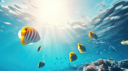 Fototapeta na wymiar A vibrant underwater scene with sunbeams piercing through, showcasing a school of striped yellow fish among coral reefs