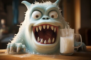 Monster milk with juice. Child animal. Generate Ai - obrazy, fototapety, plakaty