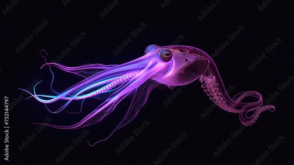 Wall mural Neon Flying Squid in the solid black background - Wall murals