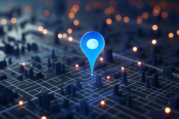 Location pin icon on earth city urban map indicating the location and direction, Blue geopin. Geolocation map mark. Pin location pointer, Navigation icon. Generative AI - obrazy, fototapety, plakaty