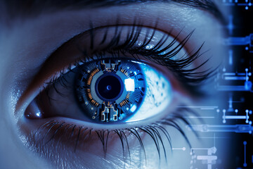 Close-up of woman's eye. High Technologies in the futuristic, representing surveillance and vision technology vision technology, control and security in the accesses technology. Generative AI