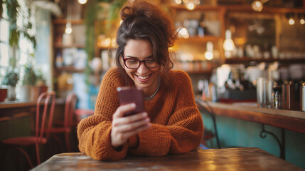 Mulher feliz e rindo usando o celular em um café 