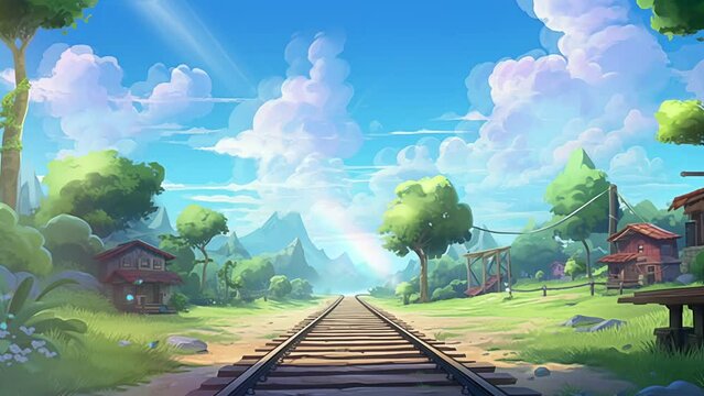 Animated illustration of train tracks with beautiful mountain views. Animated scenery background illustration.