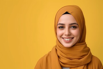 Studio shot of a smiling muslim young woman wearing a hijab on a flat colored background