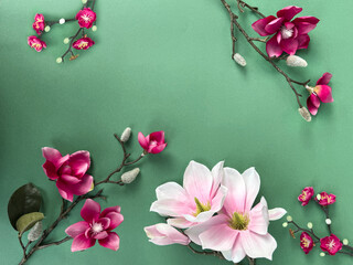 A photo showcasing pink and white magnolia and plum flowers against a vibrant green background.