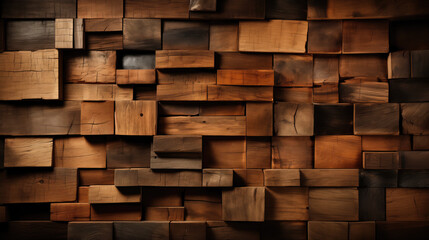 A wall decorated with an abstract composition of wooden blocks in different shades of brown, creating a three-dimensional, textured pattern.