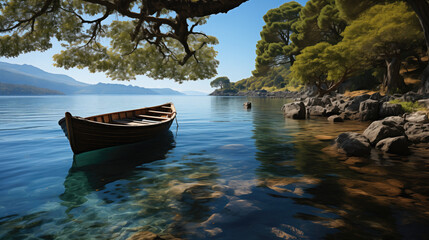 A lakeside scene with a wooden boat floating near the shore, surrounded by clear water