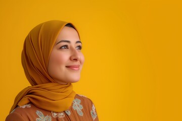 Studio shot of a smiling muslim young woman wearing a hijab on a flat colored background