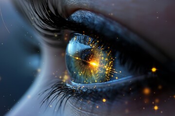 Human Cyborg AI Eye epithelial laser in situ keratomileusis. Eye iris optic nerve lens impaired color discrimination color vision. Visionary iris optical coherence tomography sight eyeball eyelashes - obrazy, fototapety, plakaty