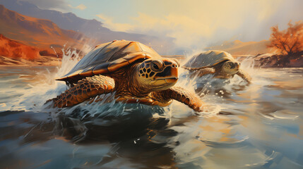 A sea turtle swimming in the water with open flippers, against the background of a picturesque sunset and mountains. - obrazy, fototapety, plakaty