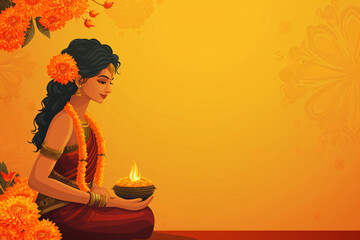 Indian woman in red mekhla holding religious offering on orange background with copy space. Ugadi or Gudi Padwa celebration. Indian festival Diwali. Hindu New Year. Religion and ethnic concept - obrazy, fototapety, plakaty