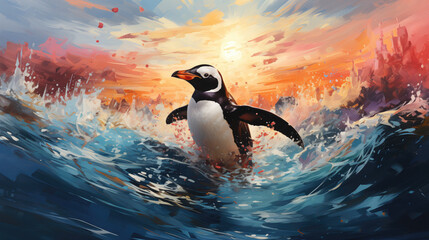 A penguin pops up on the surface of the water with dynamic splashes, against the backdrop of a bright sunset. - obrazy, fototapety, plakaty