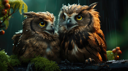 little owls on a branch in the rain - obrazy, fototapety, plakaty