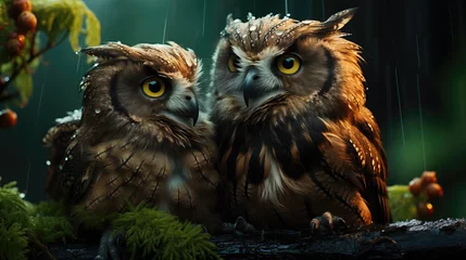 Fotobehang little owls on a branch in the rain © Eyd_Ennuard