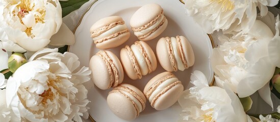 A delightful dessert dish of macarons, made with almond and sweet ingredients, beautifully displayed on a table adorned with white flowers. - Powered by Adobe