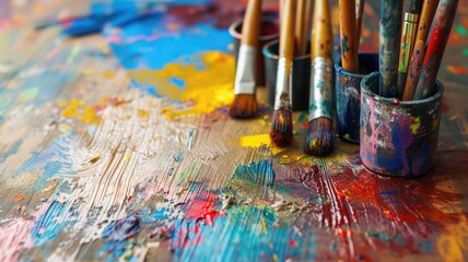 Fototapeta premium Paintbrushes in a cup, vibrant paint splatters on canvas