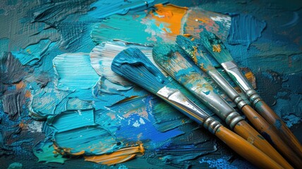 Artistic palette with vibrant oil paints and brushes; creativity and art concept