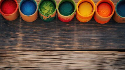 Open paint pots with vibrant colors on a dark wooden background