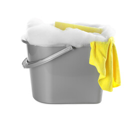 Plastic bucket with foam and sponge on white background. Cleaning supplies © New Africa