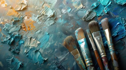 Texture and brush strokes of blue and orange oil paints on a canvas