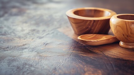Handcrafted wooden bowls and a spoon on a textured wooden surface, representing craftsmanship and natural materials
