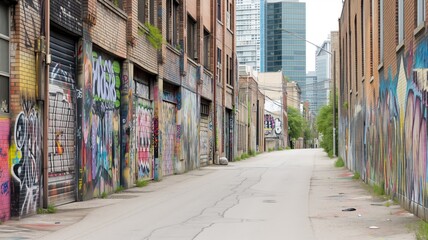 A daytime scene of an urban alleyway, flanked by buildings with walls covered in colorful graffiti