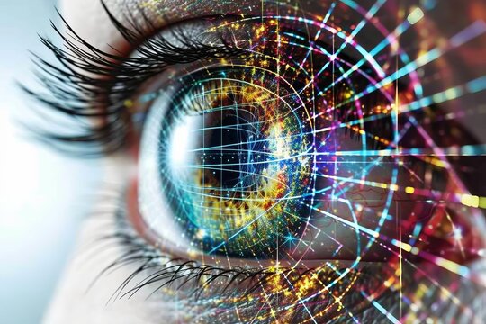 Human Cyborg AI Eye eye discharge. Eye Conjunctivitis prevention eye drop optic nerve lens color vision deficiency compensation color vision. Visionary iris abducens nerve sight pinguecula eyelashes