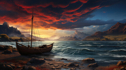 Beautiful sunset with the boat and dramatic sky in the background