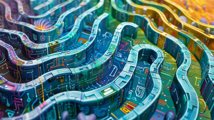 A labyrinth of intricate code constantly seeking out new paths and possibilities guided by endless streams of data.