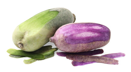 Purple and green daikon radishes isolated on white