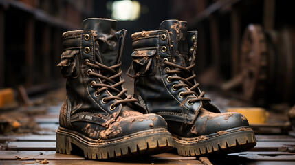 A pair of muddy boots against the backdrop of an industrial space with metal rails.