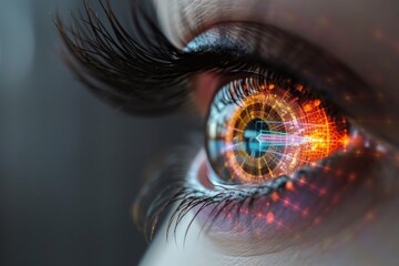 Human Cyborg AI Eye color vision deficiency epidemiology. Eye macular hole optic nerve lens retinal vein occlusion color vision. Visionary iris reflection sight pseudoisochromatic plates eyelashes - obrazy, fototapety, plakaty