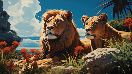 A pair of lions, male and female, lying quietly among flowering bushes against a background of blue sky and lake.