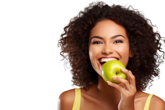 closeup beautiful happy woman in bright yellow top biting green crispy apple isolated on white background, concept of happiness, healthy food and losing weight
