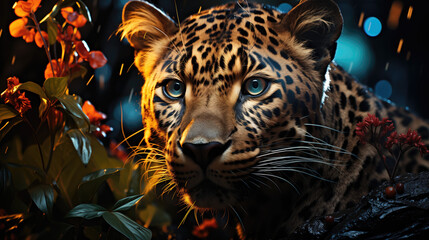 Portrait of a leopard hiding among tropical leaves and flowers - obrazy, fototapety, plakaty