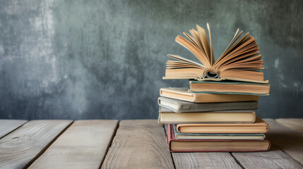 Opened book on books stack on wood desk with concrete wall background. World book day, Education...