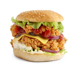 Delicious burger with crispy chicken patty isolated on white