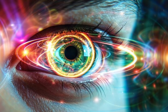 Human Cyborg AI Eye aponeurotic ptosis. Eye macular degeneration optic nerve lens strabismus color vision. Visionary iris optic nerve regeneration therapy sight hardy rand rittler test eyelashes