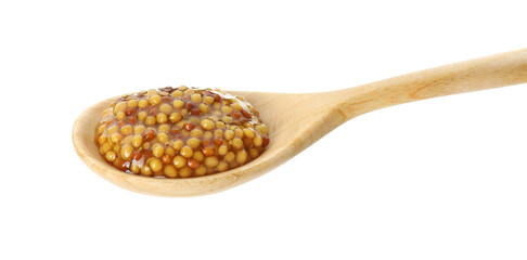 Fototapeta na wymiar Spoon with fresh whole grain mustard isolated on white