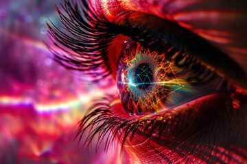 Human Cyborg AI Eye visual cortex. Eye eye protection optic nerve lens pupillary light reflex color vision. Visionary iris visionary leadership sight color vision deficiency adaptation eyelashes - obrazy, fototapety, plakaty