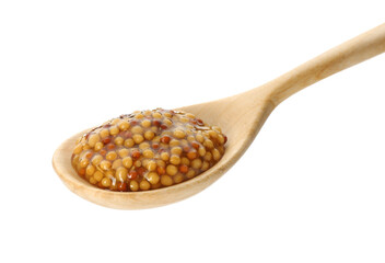 Fototapeta na wymiar Spoon with fresh whole grain mustard isolated on white