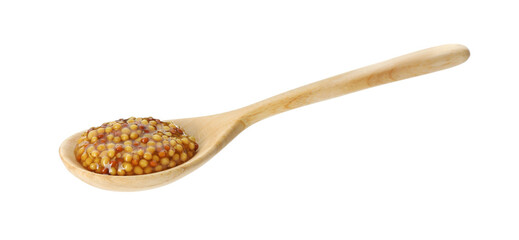 Spoon with fresh whole grain mustard isolated on white
