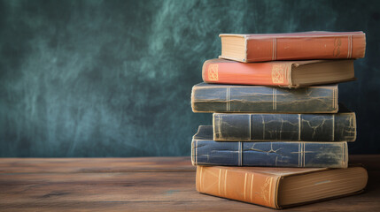 Books stack on school desk with chalkboard background. World book day, Education learning and back...
