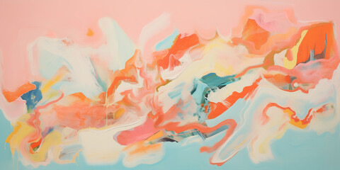 Abstract pastel vibrant colors gouache paint flow, swirl and splatter texture pattern background. Dynamic composition of shapes, modern art painting wallpaper backdrop