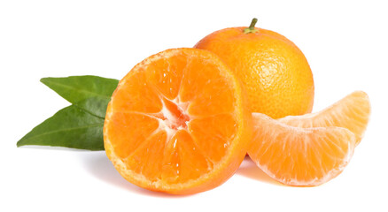 Fresh ripe juicy tangerines with green leaves isolated on white