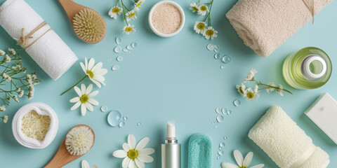 Top view flat lay spa cosmetics on blue background